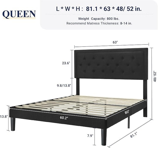 Allewie Queen Size Upholstered Platform Bed Frame with Adjustable Headboard, Button Tufted, Wood Slat Support, Easy Assembly, Black