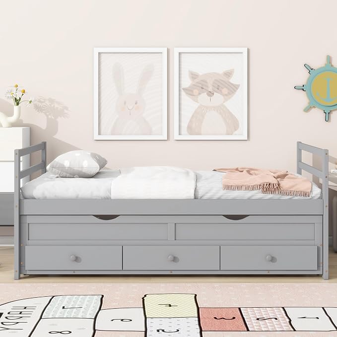 KEIKI Twin Bed Frame with Trundle & 3 Storage Drawers, Modern Captain’s Bed, Pine Platform Corner Bed with Headboard & Footboard for Living Room, Guest Room, or Bedroom, Gray