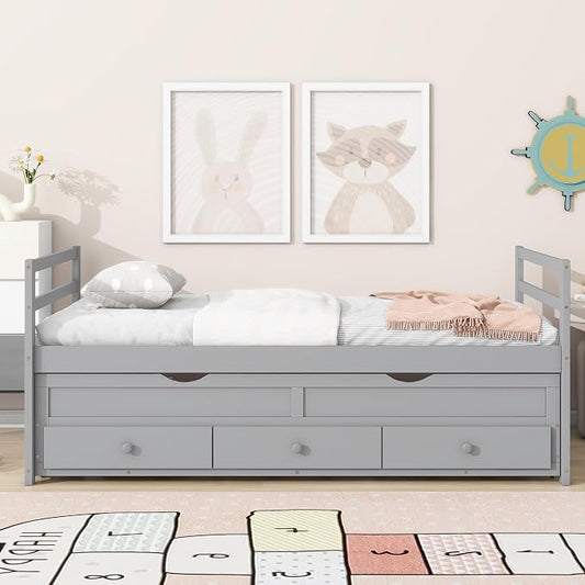 KEIKI Twin Bed Frame with Trundle & 3 Storage Drawers, Modern Captain’s Bed, Pine Platform Corner Bed with Headboard & Footboard for Living Room, Guest Room, or Bedroom, Gray