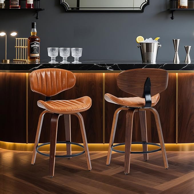 Swivel Bar Stools, 24 inch PU Leather Wooden Bentwood Barstools Counter Height Modern Breakfast Bar Chairs with Backrest and Footrest for Kitchen Island, Dining Room, Bar D035-Brown-1
