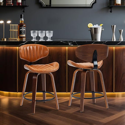 Swivel Bar Stools Set of 3, 24 inch PU Leather Wooden Bentwood Barstools Counter Height Modern Breakfast Bar Chairs with Backrest and Footrest for Kitchen Island, Dining Room D035-Brown-3