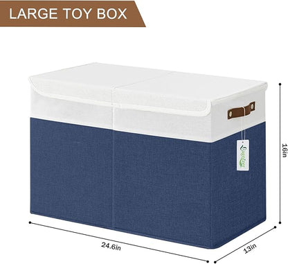 Bagnizer Large Toy Storage Box with Lids, Collapsible Sturdy Baby Storage Organizer Chest Bin Basket for Kids, Boys, Girls, Playroom, Nursery, Bedroom, Closet 25"x13"x16" (Navy Blue and White)