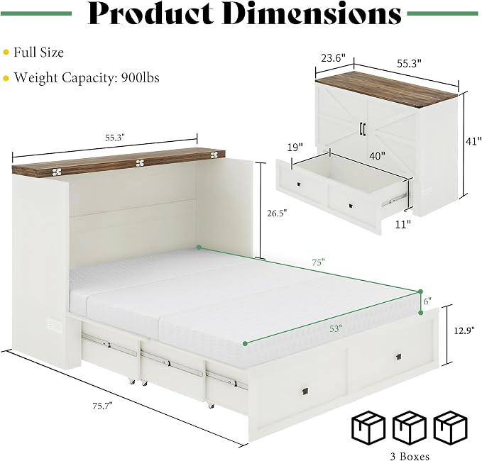 AMERLIFE Full Murphy Bed Cabinet with 6" Tri-Fold Memory Foam Mattress, Storage Drawer & Charging Station, Space-Saving Guest Bed for Home Office, Distressed White