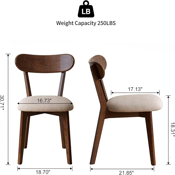 100% Solid Wood Dining Chairs,Mid Century Modern Dining Chairs with Rounded Backrest,Kitchen,Dining Room Chairs Set of 1/2/4 (4, Walnut Color Grey Upholstery)