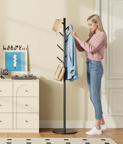 Coat Rack with 8 Hooks, 3 Adjustable Heights, Modern Hall Tree, Sturdy Metal Clothes Stand with Sintered Stone Base for Entryway, Office, Bedroom, for Coats, Hats, Handbags and Scarves, Black