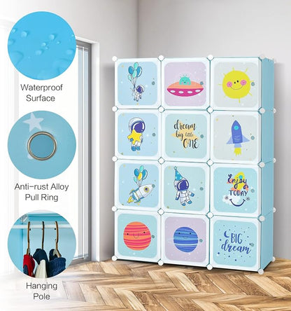 INFANS Children Wardrobe, Kid Closet Portable Baby Dresser Cute for Kids Bedroom Nursery Armoire with Doors 12 Cube 2 Hanging Sections, Kid Clothes Storage Organizer (Blue, 12 Cubes)