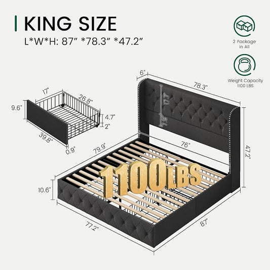 LARMACE King Size Platform Bed Frame with 4 Storage Drawers and 47.2" Tall Tufted Headboard Linen Upholstered Bed Wingback Bed Frame with Wooden Slats Support, Easy Assembly, Dark Grey