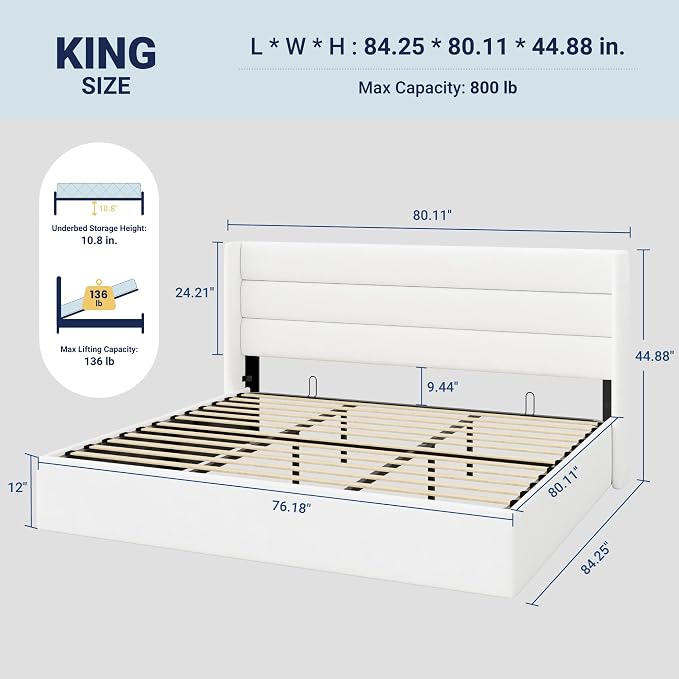 Allewie King Size Velvet Lift Up Storage Bed, Modern Wingback Headboard, Hydraulic Support, No Box Spring Needed, White