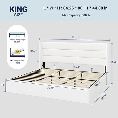 Allewie King Size Velvet Lift Up Storage Bed, Modern Wingback Headboard, Hydraulic Support, No Box Spring Needed, White