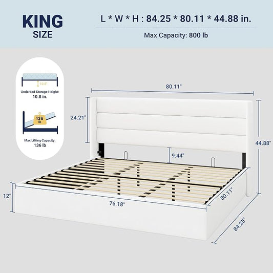 Allewie King Size Velvet Lift Up Storage Bed, Modern Wingback Headboard, Hydraulic Support, No Box Spring Needed, White