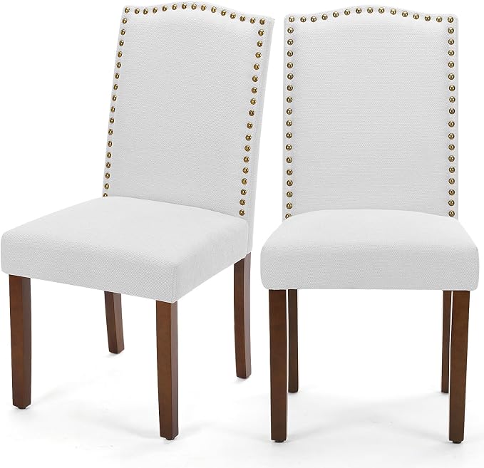 DUMOS Dining Chairs Set of 2, Farmhouse Fabric Upholstered Kitchen Chairs with Wooden Legs and Padded Seat, Modern Accent Chair for Dining Room, Kitchen, Living Room, Restaurant, Light Grey