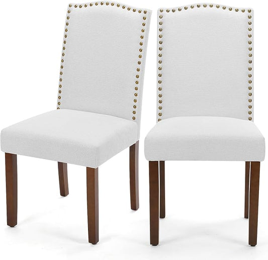 DUMOS Dining Chairs Set of 2, Farmhouse Fabric Upholstered Kitchen Chairs with Wooden Legs and Padded Seat, Modern Accent Chair for Dining Room, Kitchen, Living Room, Restaurant, Light Grey