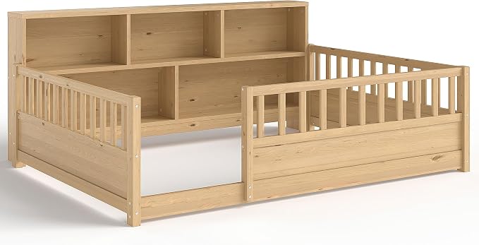Bellemave Full Size Montessori Floor Bed with Bookcase, Full Floor Bed with High Fence and Storage Shelves, Easy Assemble Montessori Beds Frame for Girls, Boys, Natural