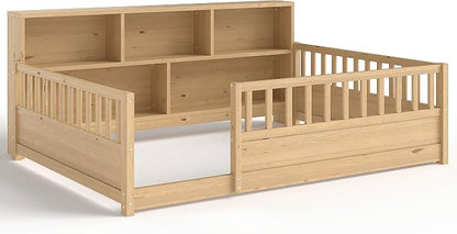 Bellemave Full Size Montessori Floor Bed with Bookcase, Full Floor Bed with High Fence and Storage Shelves, Easy Assemble Montessori Beds Frame for Girls, Boys, Natural