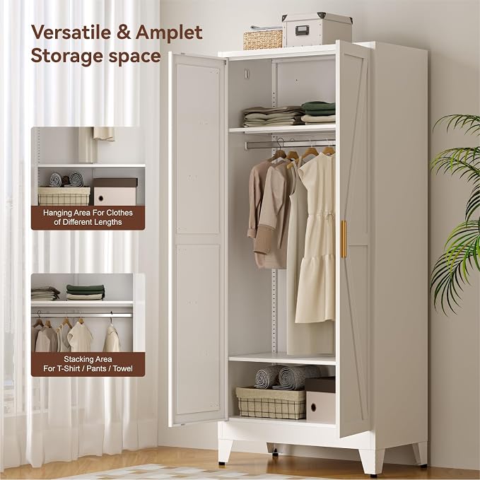 COFaR Metal Wardrobe Cabinet, 71" Farmhouse Storage Cabinet with Hanging Rod, 2 Barn Door, 2 Adjustable Shelves and Legs, for Bedroom, Laundry Room, Cloak Room, Gym, Office, School (White)