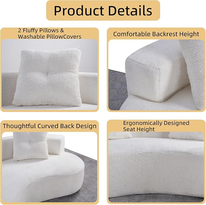 80'' Curved Loveseat Sofa Couch for Living Room, Deep Seat Cloud Boneless Floor Couch with 2 Pillows, Comfy Chenille Floor Sofa, Modern Round Loveseat Sofa for Small Space (CreamWhite, 80 Inch)