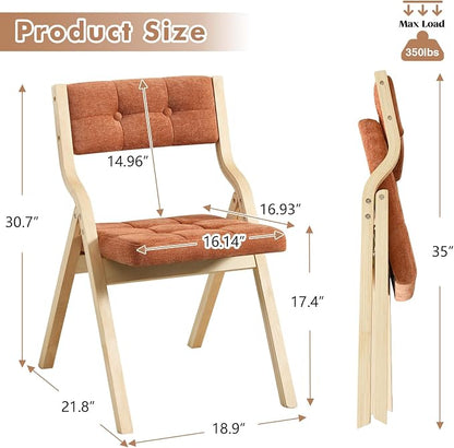 2-Pack Folding Dining Chairs with Cushion,Padded Foldable Dining Chairs,Portable Wooden Folding Chairs with Tufted Buttons Seat for Dining Rooms Kitchen Wedding and Party Indoor Orange