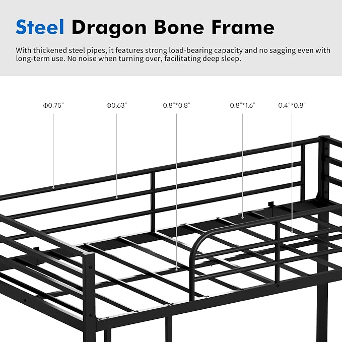 Low Metal Bunk Bed Frame for Kids, with Built-in Ladder, High Guardrail and Metal Slats, Floor Bed Bottom Bunk, No Boxspring Required, for Small Spaces, Twin-Over-Twin (Black)