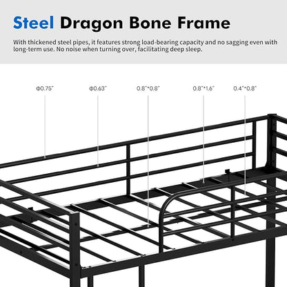 Low Metal Bunk Bed Frame for Kids, with Built-in Ladder, High Guardrail and Metal Slats, Floor Bed Bottom Bunk, No Boxspring Required, for Small Spaces, Twin-Over-Twin (Black)