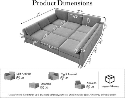 Oversized Modular Sectional Sleeper Sofa Bed Cloud Couches Gray | Deep Seat Couch for Living Room, 9 Seater Luxury Comfortable Sofa with Ottoman, Solid Wood Frame, Removable Washable Cover