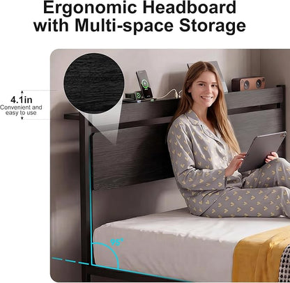 Full Bed Frame with Drawers, Platform Bed with LED Lights & Charging Station, Wood Headboard, Strong Metal Slats Support, No Box Spring Needed, Noise Free, Easy Assembly