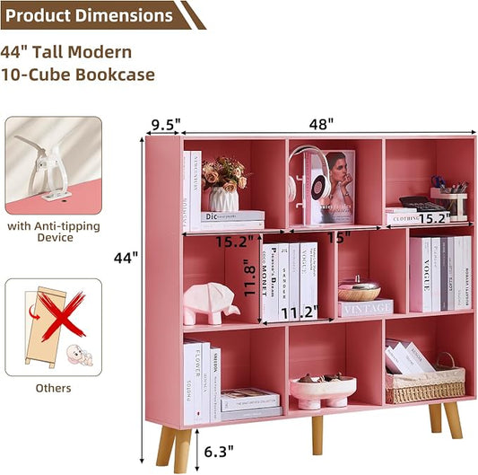 LEYAOYAO 10 Cube Bookshelf,3 Tier Modern Wide Bookcase with Legs,Mid-Century Wood Bookshelves Storage,Light Pink Large Book Case,Freestanding Organizer Display Shelf for Bedroom,Living Room,Office