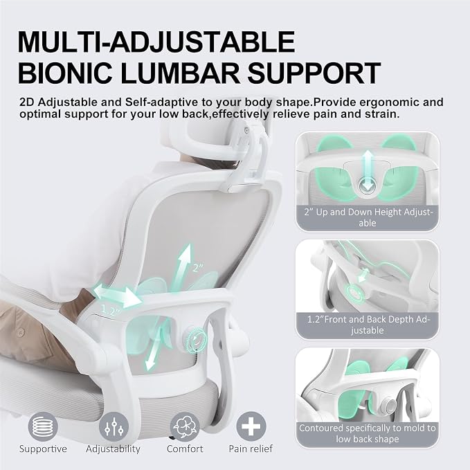 Ergonomic Office Chair,Ultra Thick Spring Cushion Desk Chair,Grey | Adjustable Lumbar Support and Headrest,Flip-up Arms,Rocking Function,Mesh Home Office Computer Chair