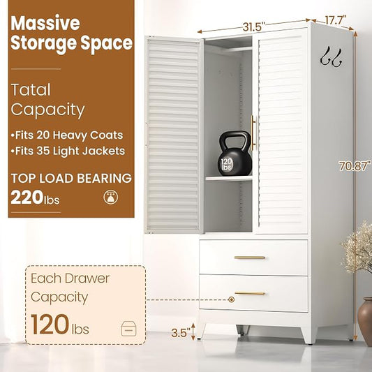 Metal Armoire Wardrobe Closet, 71" Clothing Storage Cabinets with Adjustable Hanging Rod and Shelves , Louvered Doors, 2 Side Hooks & 2 Drawers - Closet Cabinet for Bedroom, Laundry Room, Cloak Room
