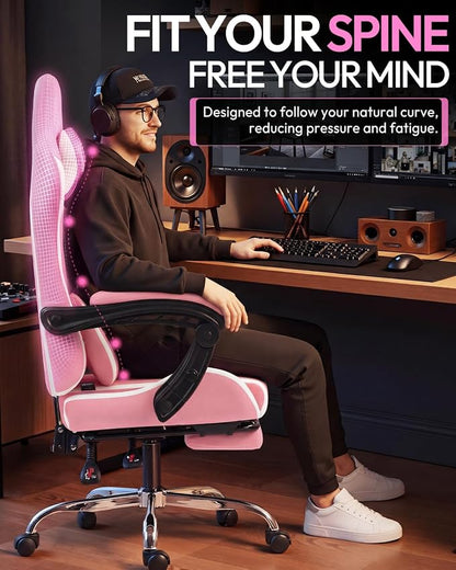 Dowinx Ergonomic Gaming Chair with Footrest & Massage Lumbar, 2D-Linkage Armrests for Computer Chair 330lbs with Headrest Pillow for Office, Home, Streaming and Long Gaming Sessions, Fabric Pink White