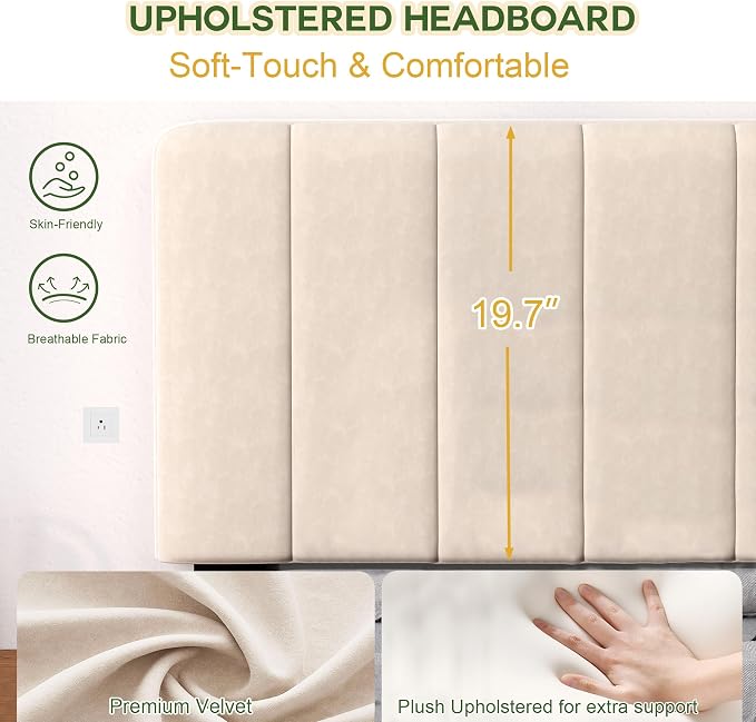 King Size Bed Frame with Headboard, Platform Bed with Soft Velvet Upholstered Headboard | Wooden Slats Support | Adjustable Height | No Box Spring Needed, King Bed Frame Beige