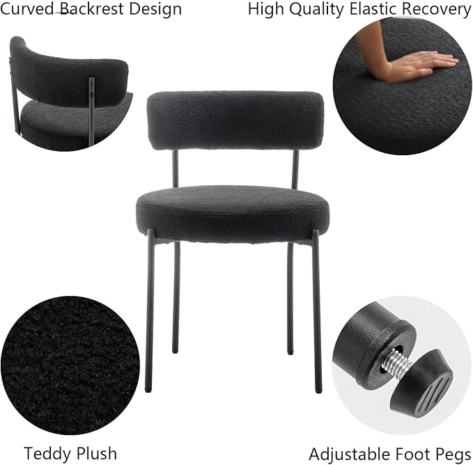 Cinxzar Black Boucle Dining Chairs Set of 4, Upholstered Dining Chairs with Black Metal Legs, Round Modern Dining Chair for Dining Room