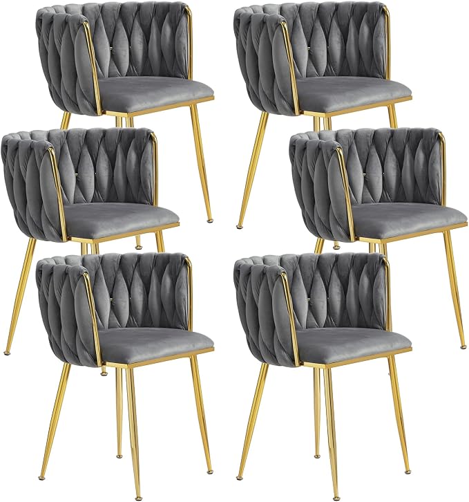 Velvet Dining Chairs Set of 6, Modern Upholstered Dining Room Chairs with Golden Metal Legs and Woven Backrest for Dining Room, Kitchen, Vanity, Living Room (Grey)