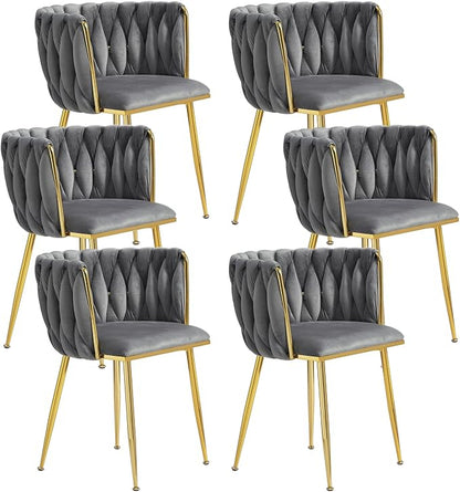 Velvet Dining Chairs Set of 6, Modern Upholstered Dining Room Chairs with Golden Metal Legs and Woven Backrest for Dining Room, Kitchen, Vanity, Living Room (Grey)