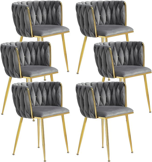Velvet Dining Chairs Set of 6, Modern Upholstered Dining Room Chairs with Golden Metal Legs and Woven Backrest for Dining Room, Kitchen, Vanity, Living Room (Grey)