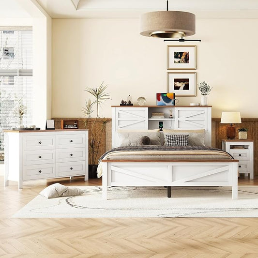 Farmhouse 3-Pieces Bedroom Sets, Queen Size Wood Platform Bed with Nightstand and Dressing Table, Queen Beds Frame with Double Sliding Door Headboard and Charging Station (White, Queen)