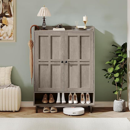 Shoe Storage Cabinet with 2 Doors, 6-Tier Shoe Cabinet with 3 Adjustable Shelves and Metal Legs, 45'' Tall Shoe Rack Organizer Cabinet for Entryway, Front Door, Gray Wash