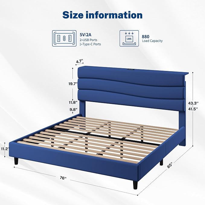 EnHomee King Bed Frame with Upholstered Headboard, Navy Blue | Adjustable Height , Charging Station, No Box Spring Needed, Noise-Free,Easy Assembly