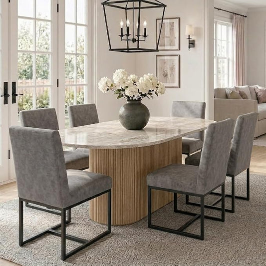 HNY Modern Dining Chairs Set of 6, Upholstered Leather Dining Room Chairs with Ergonomic Back & Metal Frame for Home, Kitchen, Apartment, Grey