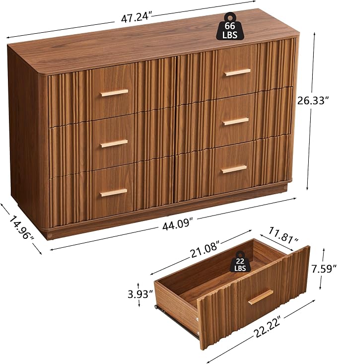 Fluted Double Dresser for Bedroom with 6 Drawers, 47" Wide Modern Chest of Drawers with Curved Profile Design, Wood Closet Clothes Storage Organizer Dresser TV Stand for Living Room, Hallway, Walnut