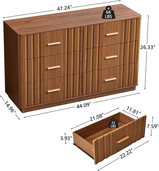 Fluted Double Dresser for Bedroom with 6 Drawers, 47" Wide Modern Chest of Drawers with Curved Profile Design, Wood Closet Clothes Storage Organizer Dresser TV Stand for Living Room, Hallway, Walnut