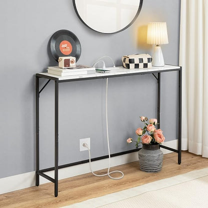 MAHANCRIS Console Table, Narrow Sofa Table Behind Couch, 43.7” Entrance Table with Power Station, Simple Style, for Living Room, Hallway, Entryway, Foyer, Marble and Black CTHM112E01