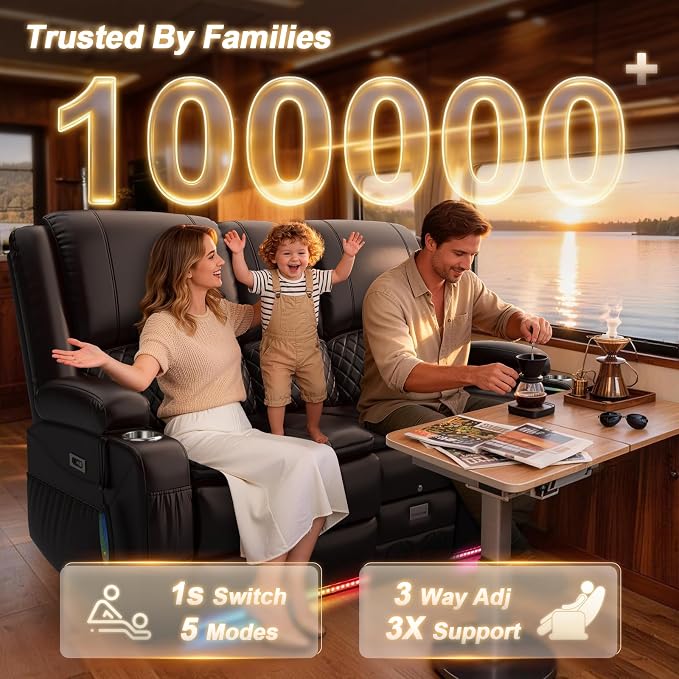 Power Recliner Loveseat Recliner with Massage and Lumbar Heating, Home Theater Reclining Loveseat with Flip Console, RV Couch Wall Hugger with 2 Speakers, Storage, USB, Outlet & LED (PU, Brown)