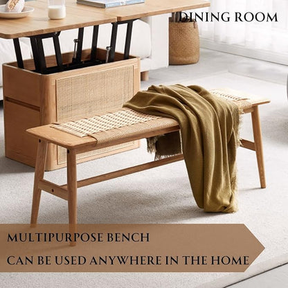 31.5'' Woven Dining Beach with 100% Solid Oak Wood Bench Frame, Hand Knitted Rope Designed Bed End Shoe Bench for Kitchen Bedroom Entryway, Beige