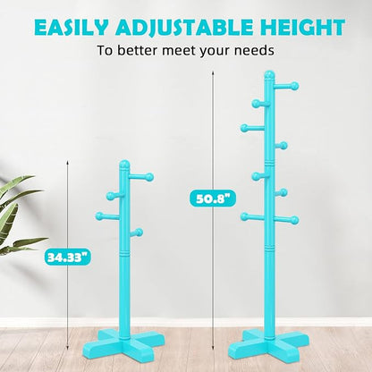 Coat Rack, Freestanding Coat Racks with 8 Hooks 2 Adjustable Height, Tree Coat Rack for Bedroom, Hallway, Entrance, Office, Hats, Handbags,Purse (Blue)
