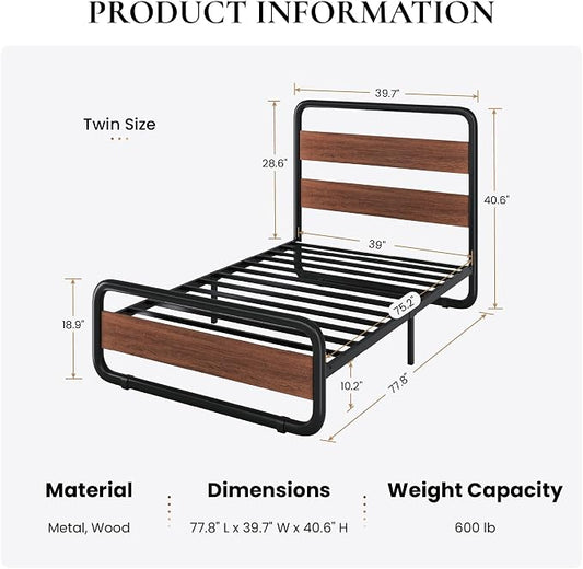 SHA CERLIN Twin Size Metal Bed Frame with Wooden Headboard and Footboard, Heavy Duty Oval-Shaped Platform Bed Frame with 10" Under-Bed Storage, Heavy Duty Slats Support, No Box Spring Needed, Walnut