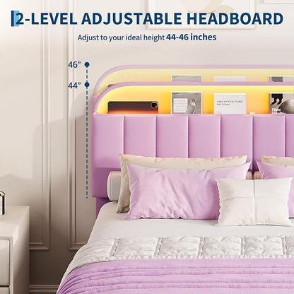 GarveeHome Twin XL Bed Frame with Storage Headboard, Kids Bed Frame with 2 Drawers, Velvet Upholstered Platform Bed Frame with Lights, No Box Spring Needed, Easy Assembly, Velvet Purple