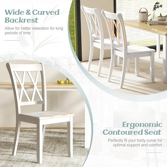 Giantex Wood Dining Chairs Set of 4 White, Rustic Armless Kitchen Chairs w/Rubber Wood Frame, Cross Back, Contoured Seat, Farmhouse Wooden Side Chairs, High Back Kitchen Chairs for Home Dining Room
