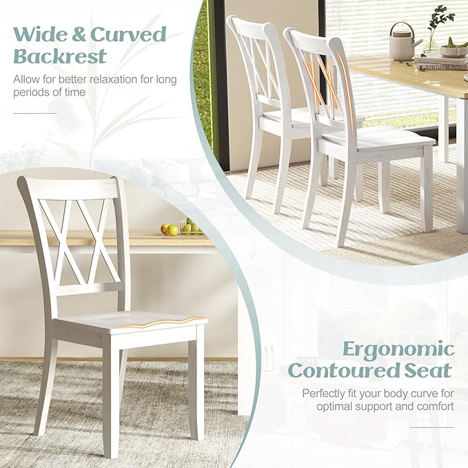 Giantex Wood Dining Chairs Set of 2 White, Armless Kitchen Chair w/Rubber Wood Frame, Cross Back, Contoured Seat, Farmhouse Wooden Side Chair, High Back Kitchen Chairs for Home Dining Room