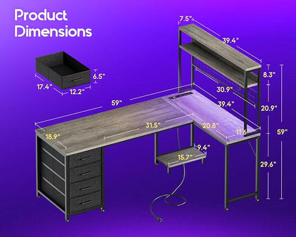 AODK L Shaped Gaming Desk with Hutch, 59" Computer Desk with 4 Drawers & Storage Shelves, Reversible Corner Desk with LED Light & Power Outlets, Gamer Table for for Home Office, Gray Oak