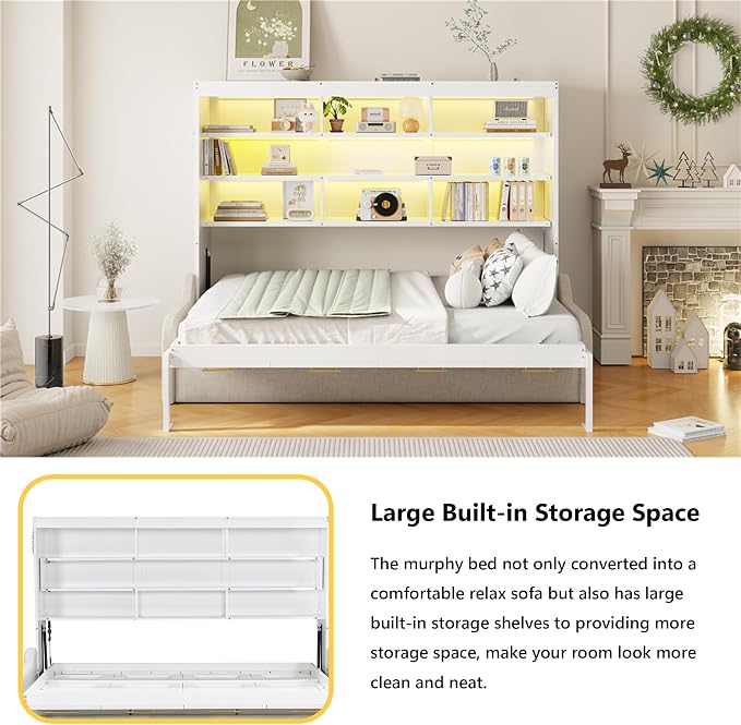 MERITLINE Full Horizontal Murphy Bed with Sofa and Storage Shelves, LED Light, Solid Wood Space Saving Hideaway Murphy Wall Bed with Couch and Storage for Adults (Beige,Full)